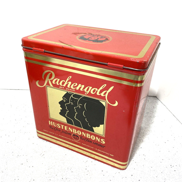 Vintage Rachengold Hustenbonbons tin red & gold hinged lid Aeska Bonbons kitchen - Picture 4 of 11